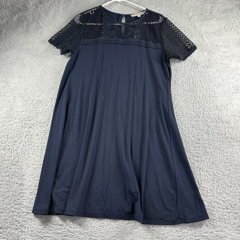 Ann Taylor‎ Loft Dress Womens Medium Navy Blue A Line Swing Midi Lace Eye Design